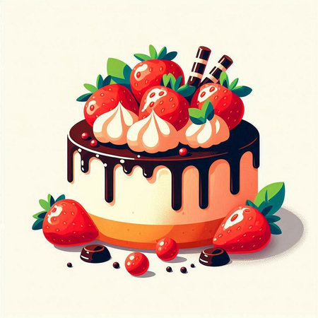 Illustration of a cake with strawberries and chocolate on a white backgroundのイラスト素材