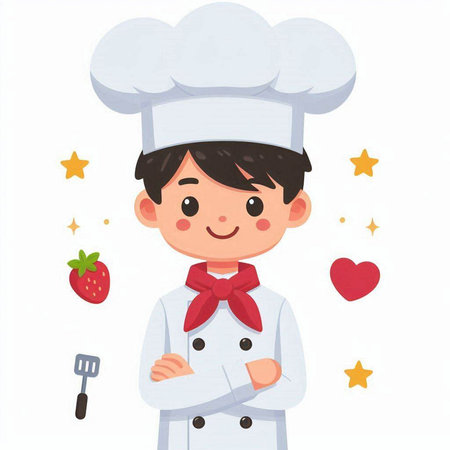 Chef boy cartoon character vector illustration. Cute little chef boy in uniform and hat.のイラスト素材