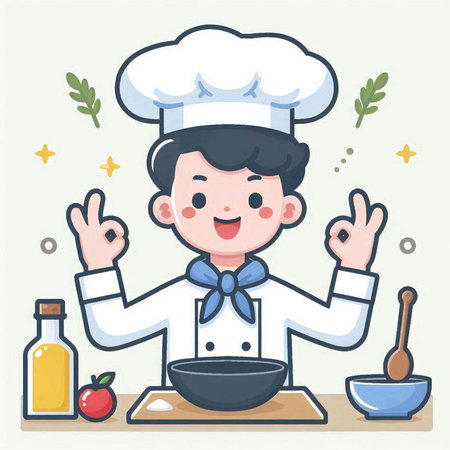 Illustration of a Cute Cartoon Male Chef Making a Salad - Vectorのイラスト素材
