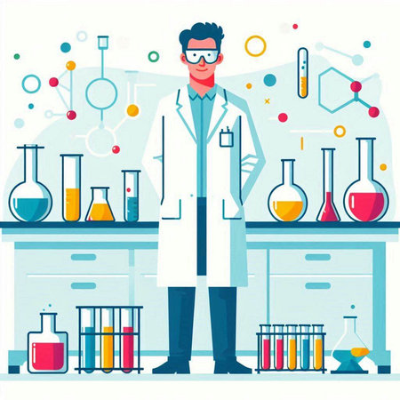 Scientist in the laboratory. Vector illustration in flat style. Man in white coat and glasses.のイラスト素材