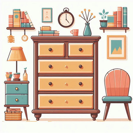 Vector illustration of a chest of drawers in the interior of the room.のイラスト素材