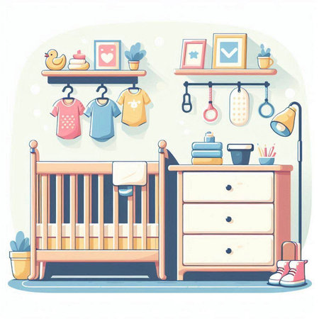Illustration of baby room interior with crib, toys and accessories. Flat style vector illustration.のイラスト素材