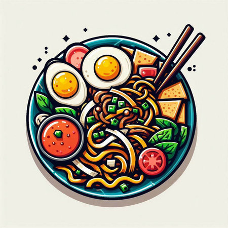 Illustration of Asian noodle with vegetables, egg and chopsticksのイラスト素材