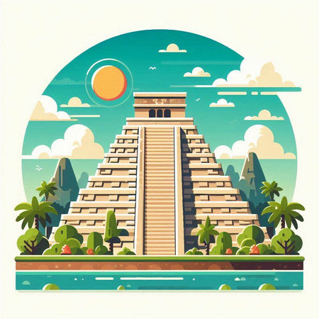 Ancient Mayan pyramid in the jungle. Vector illustration in flat styleのイラスト素材