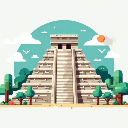 Ancient Mayan pyramid in the park, vector illustration in flat styleのイラスト素材