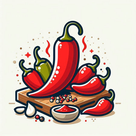 Vector illustration of hot chili peppers on wooden cutting board. Spices and condiments.のイラスト素材