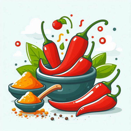 Chili pepper in a bowl. Vector illustration of a cartoon style.のイラスト素材