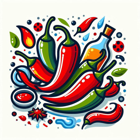 Illustration of hot chilli peppers and spices. Vector illustration.のイラスト素材