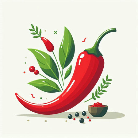 Red hot chili pepper with green leaves and spices. Vector illustration.のイラスト素材