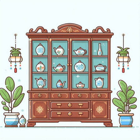 Illustration of a beautiful vintage cupboard with cups and vasesのイラスト素材