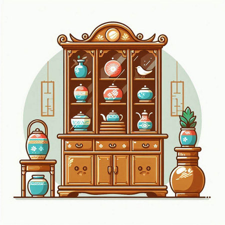 Vintage cupboard with dishes and vases. Vector illustration.のイラスト素材
