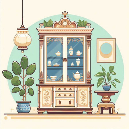 Illustration of an antique cupboard with a set of dishes.のイラスト素材