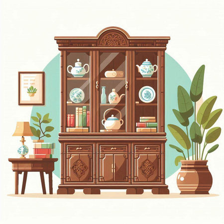 Vintage cabinet with books and accessories. Vector illustration in flat styleのイラスト素材
