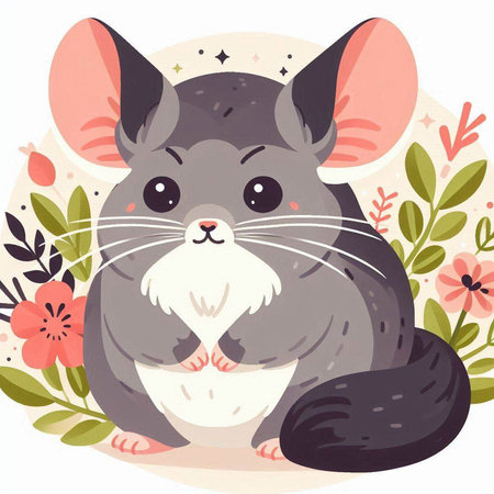 Cute cartoon chinchilla with flowers and leaves. Vector illustration.のイラスト素材