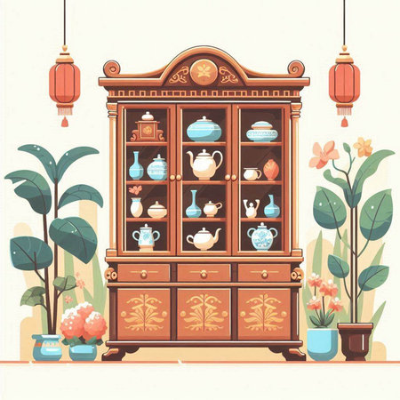 Illustration of a vintage cabinet with cups and teapots.のイラスト素材
