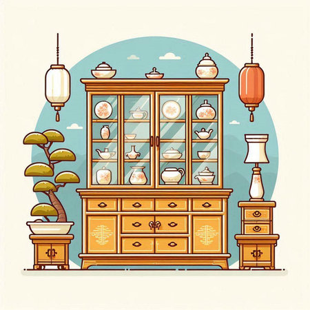 Cabinet with dishes and lamps in retro style. Vector illustration.のイラスト素材