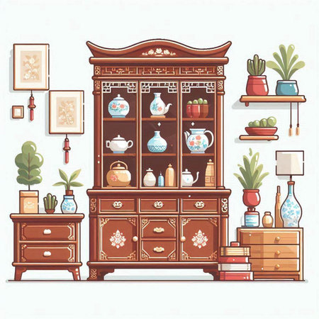 Vector illustration of a vintage chest of drawers with books and decorations.のイラスト素材
