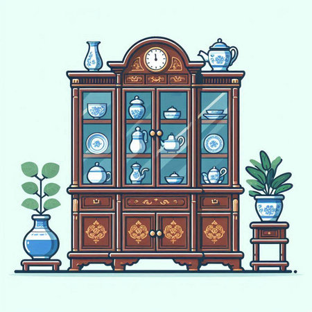 Vintage wooden cupboard with dishes and vases. Vector illustration.のイラスト素材