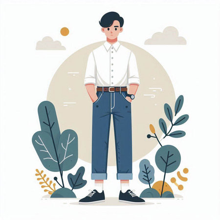 Young man standing on the background of nature. Vector illustration in flat style.のイラスト素材
