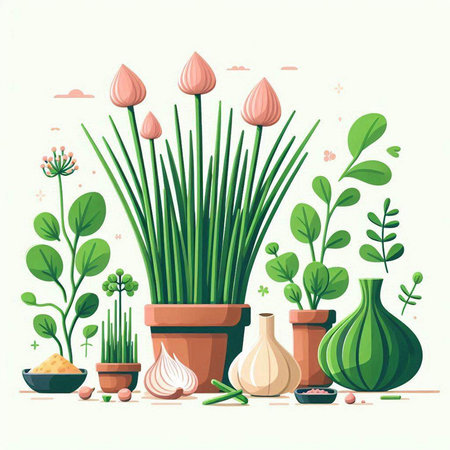 Flowers in pots and herbs. Vector illustration in flat style.のイラスト素材