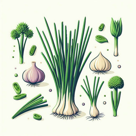 Garlic, onion, parsley, chive, onion, garlic, dill. Vector illustration.のイラスト素材