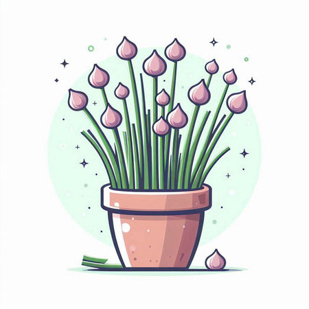 Flowerpot with blooming chives. Vector illustration in cartoon styleのイラスト素材