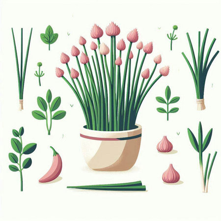 Garlic, onion and chives in pots. Vector illustration.のイラスト素材