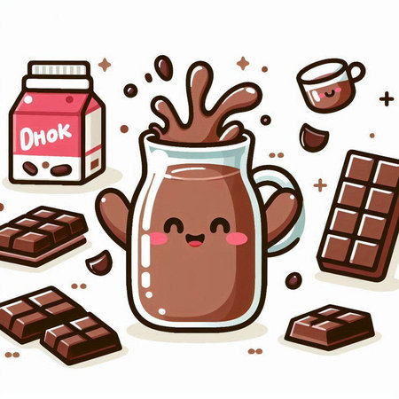 Illustration of a Chocolate Milk Mascot with Milk in a Glassのイラスト素材