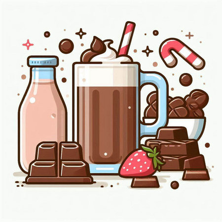 Coffee cup with chocolate, strawberries and sweets. Vector illustration.のイラスト素材