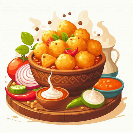 Vector illustration of indian snack in clay bowl. Traditional indian cuisine.のイラスト素材