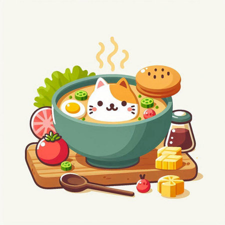 Cartoon illustration of a bowl of vegetable soup with a spoon.のイラスト素材
