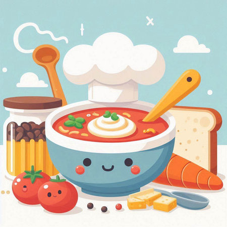 Vector illustration of a bowl of soup with kawaii cat.のイラスト素材