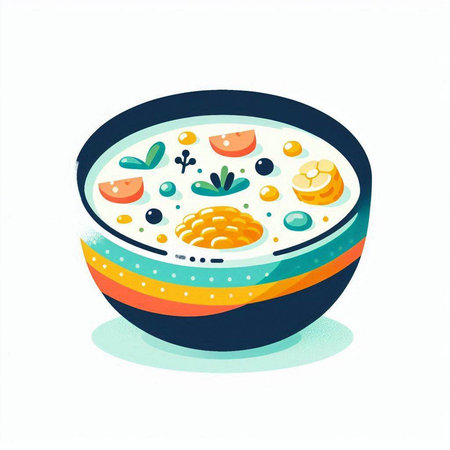 Cereal bowl with fruits and vegetables. Vector illustration in cartoon style.のイラスト素材