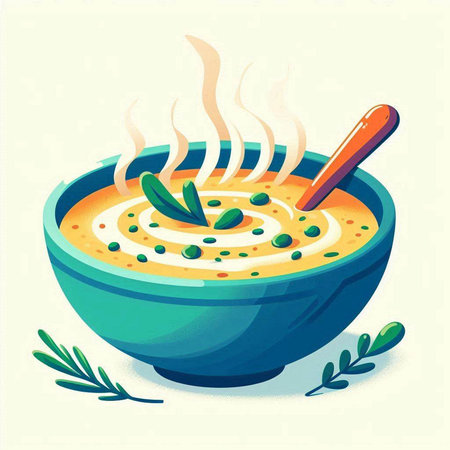 Vector illustration of a bowl of soup with cream and green peas.のイラスト素材