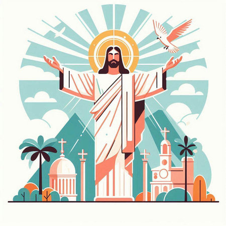 Jesus Christ in front of the church. Vector illustration in flat styleのイラスト素材