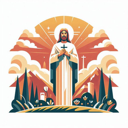Jesus Christ on the cross in the cemetery. Vector illustration in flat style.のイラスト素材