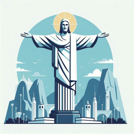 Jesus Christ on the cross against the background of the city. Vector illustrationのイラスト素材