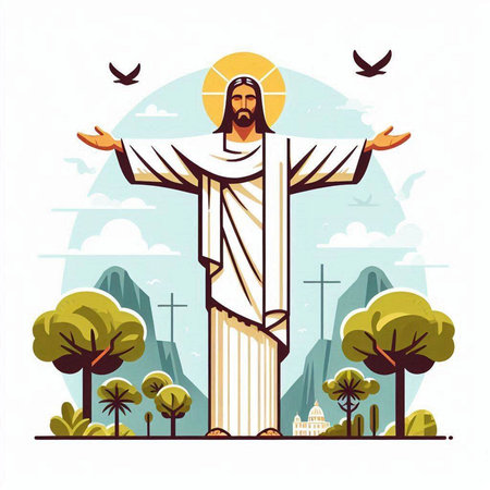 Jesus Christ on the cross in the city. Vector illustration in flat styleのイラスト素材