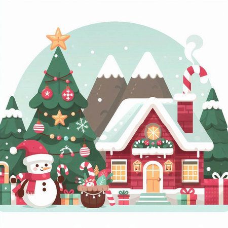 Christmas landscape with snowman, house and christmas tree. Vector illustration.のイラスト素材