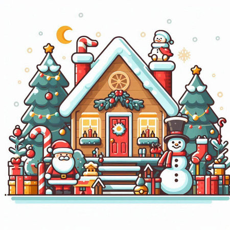 Vector illustration of cute cartoon christmas house with santa claus and snowmanのイラスト素材
