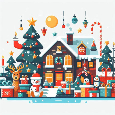 Vector illustration of a Christmas house decorated with snowflakes and Santa Claus with presents.のイラスト素材