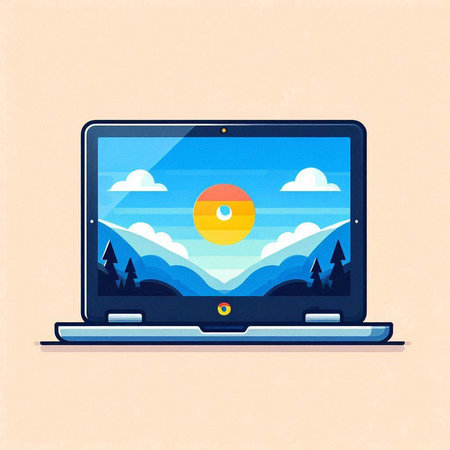 Vector illustration of a laptop with sun, mountains and clouds on the screenのイラスト素材