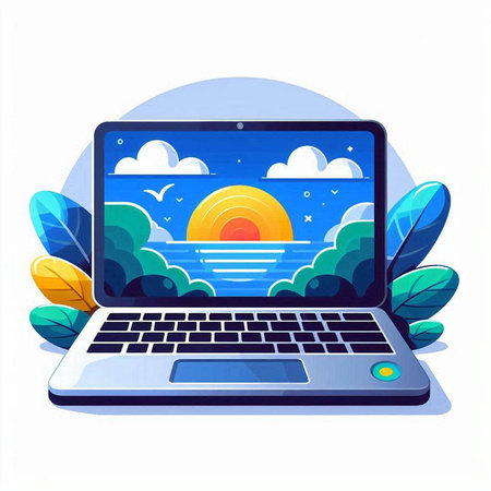 Laptop with sun and clouds on the screen. Vector illustration.のイラスト素材