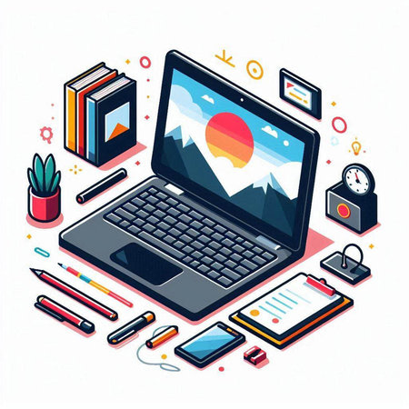 Laptop and notebook on white background. Isometric vector illustration.のイラスト素材