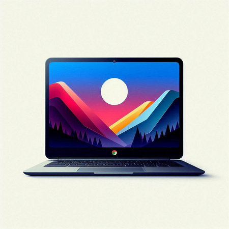 Laptop with colorful mountains and sun in the screen. Vector illustration.のイラスト素材