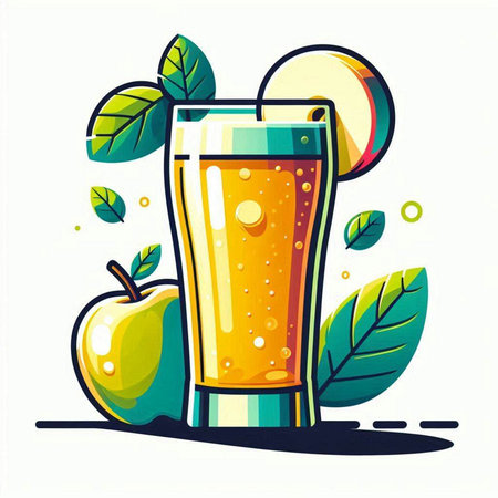 Fruit juice in glass with apple and leaves. Vector illustration.のイラスト素材