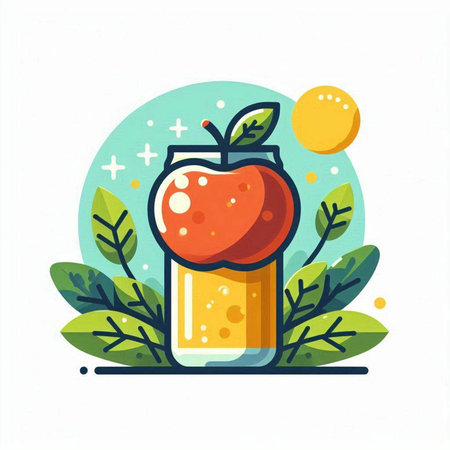 Apple juice in a glass jar with leaves. Flat vector illustration.のイラスト素材