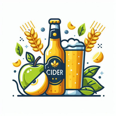 Vector illustration of a bottle of beer, apples and wheat ears.のイラスト素材