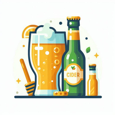 Beer bottle and glass vector illustration. Glass of beer with foam and straw.のイラスト素材