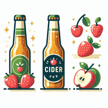 Bottles of cider with apple and cherry. Vector illustration in flat styleのイラスト素材